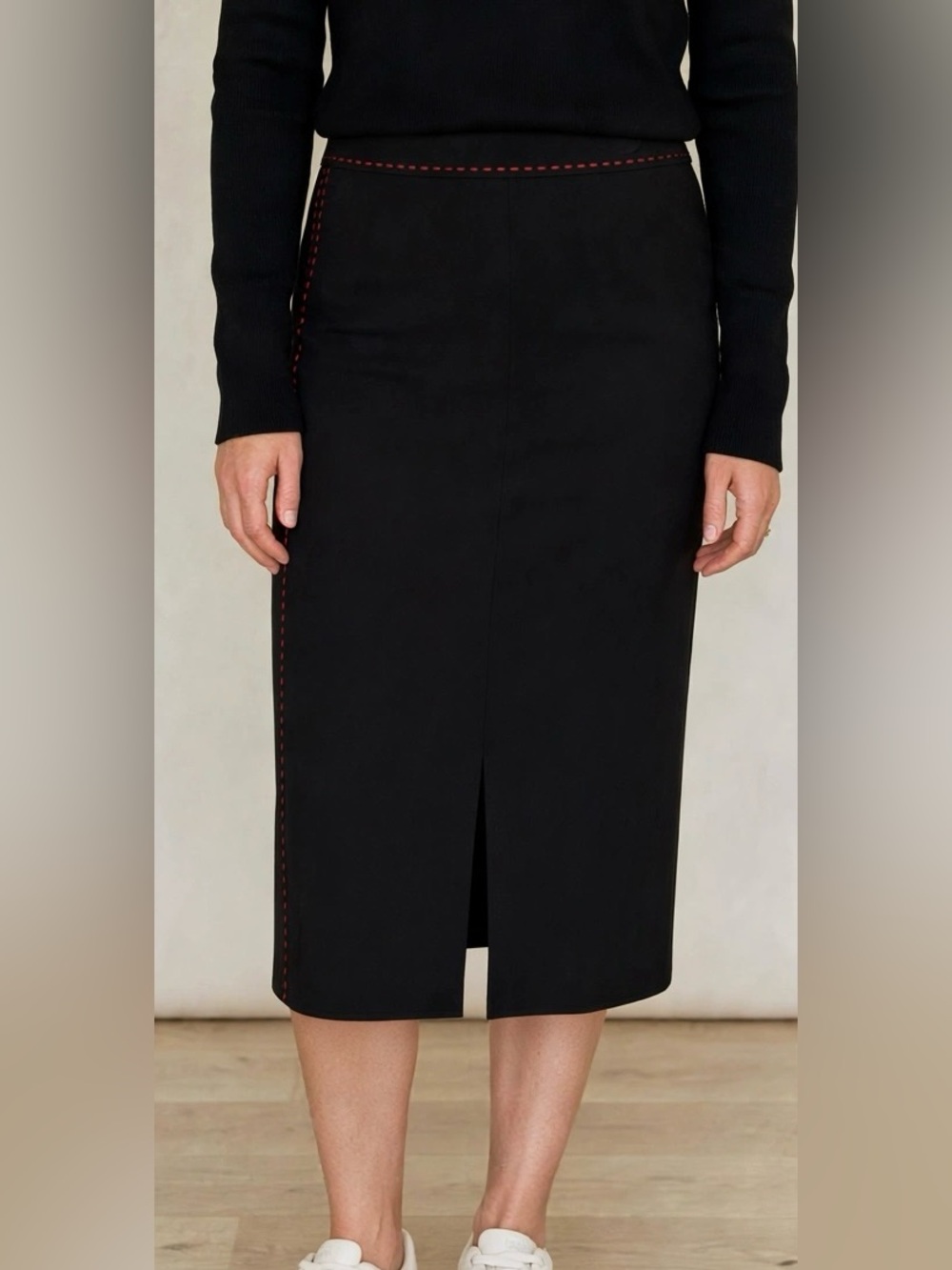 Sharagano Paris Made In France Black Red Contrast Pick Stitch Pencil Skirt